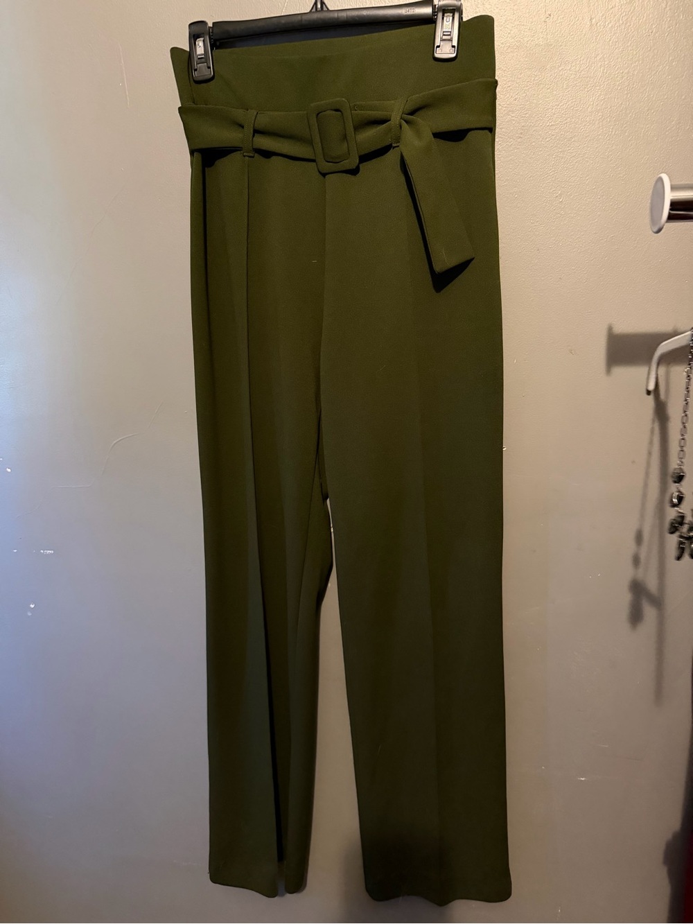 High-Waist Olive Green Paperbag Belted Wide-Leg Pants